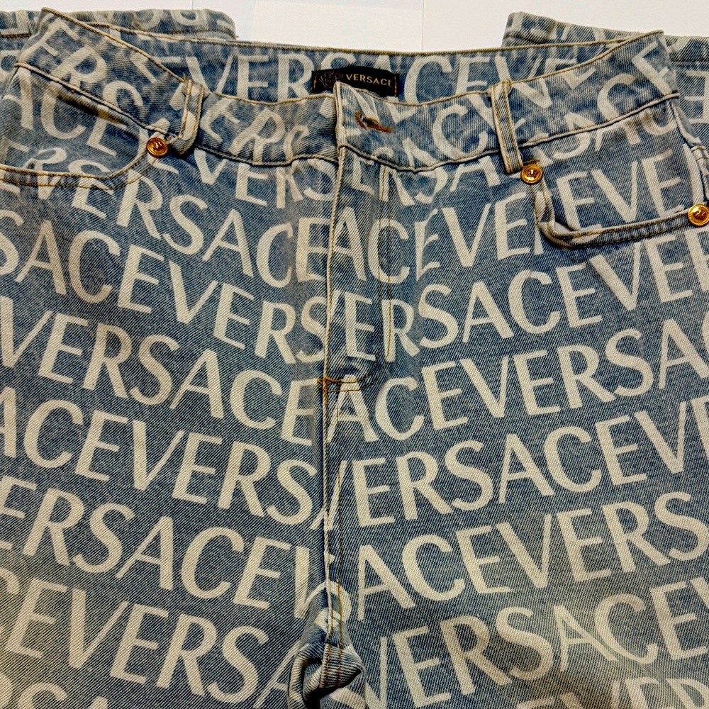 Versace Logo Print Blue and White Jeans